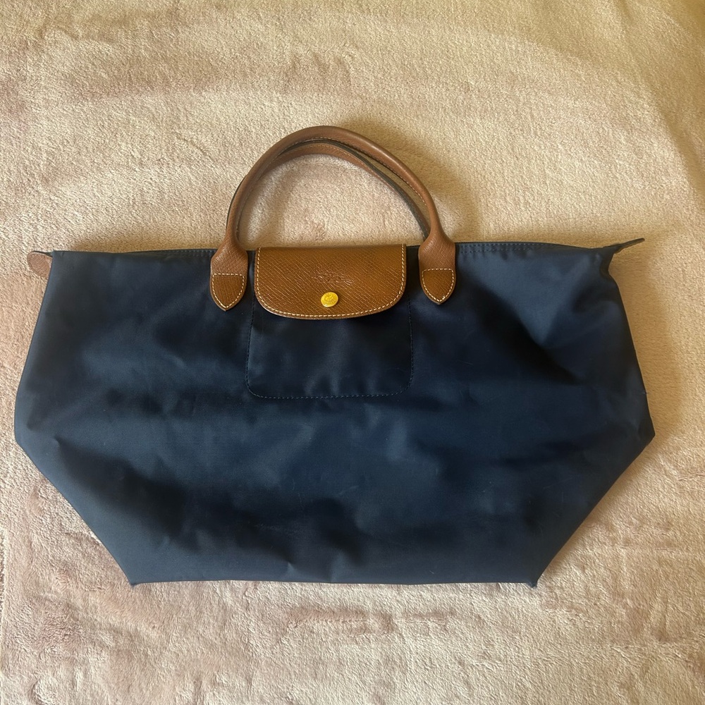Navy blue and leather Long Champ Tote